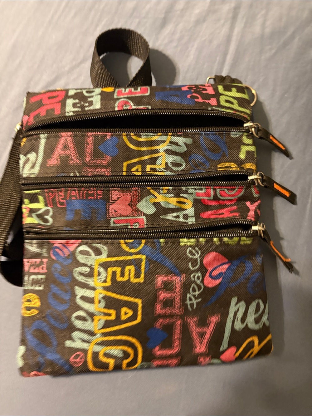 Crossbody Multi-Zip Women’s Bag in Brown with Colorful Print 70s style! - Picture 4 of 4